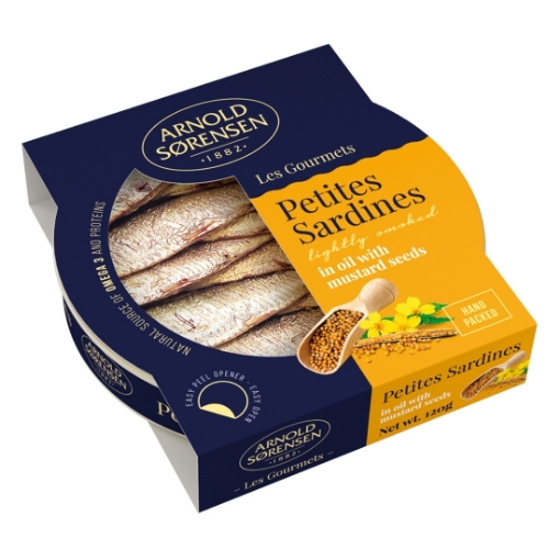 Picture of Sardines in Oil with Mustard Seeds Arnold Sorensen 120g, 42 cans per case 