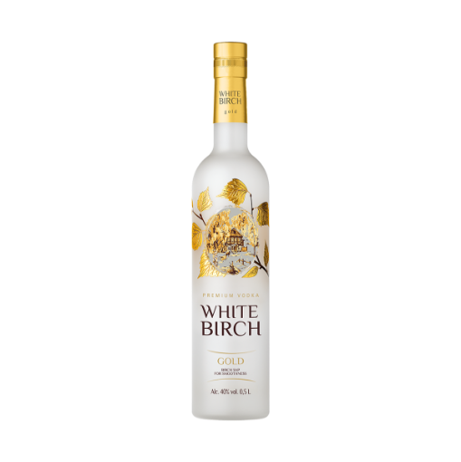 White Birch Gold 500ml premium vodka bottle with gold birch leaves and patented lens detail.