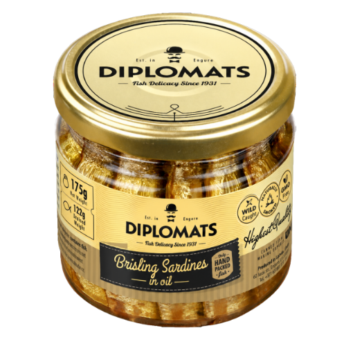 Picture of Brisling Sardines in Oil Glass Jar Diplomats 175g, 12 jars per case 
